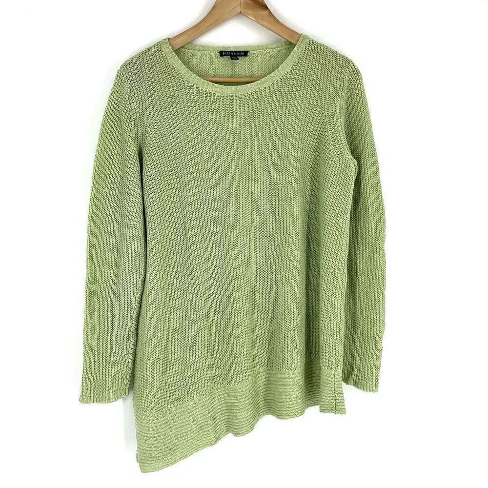 Eileen Fisher Sweater Size Medium Green Linen Pullover Loose Knit Asymmetric Hem